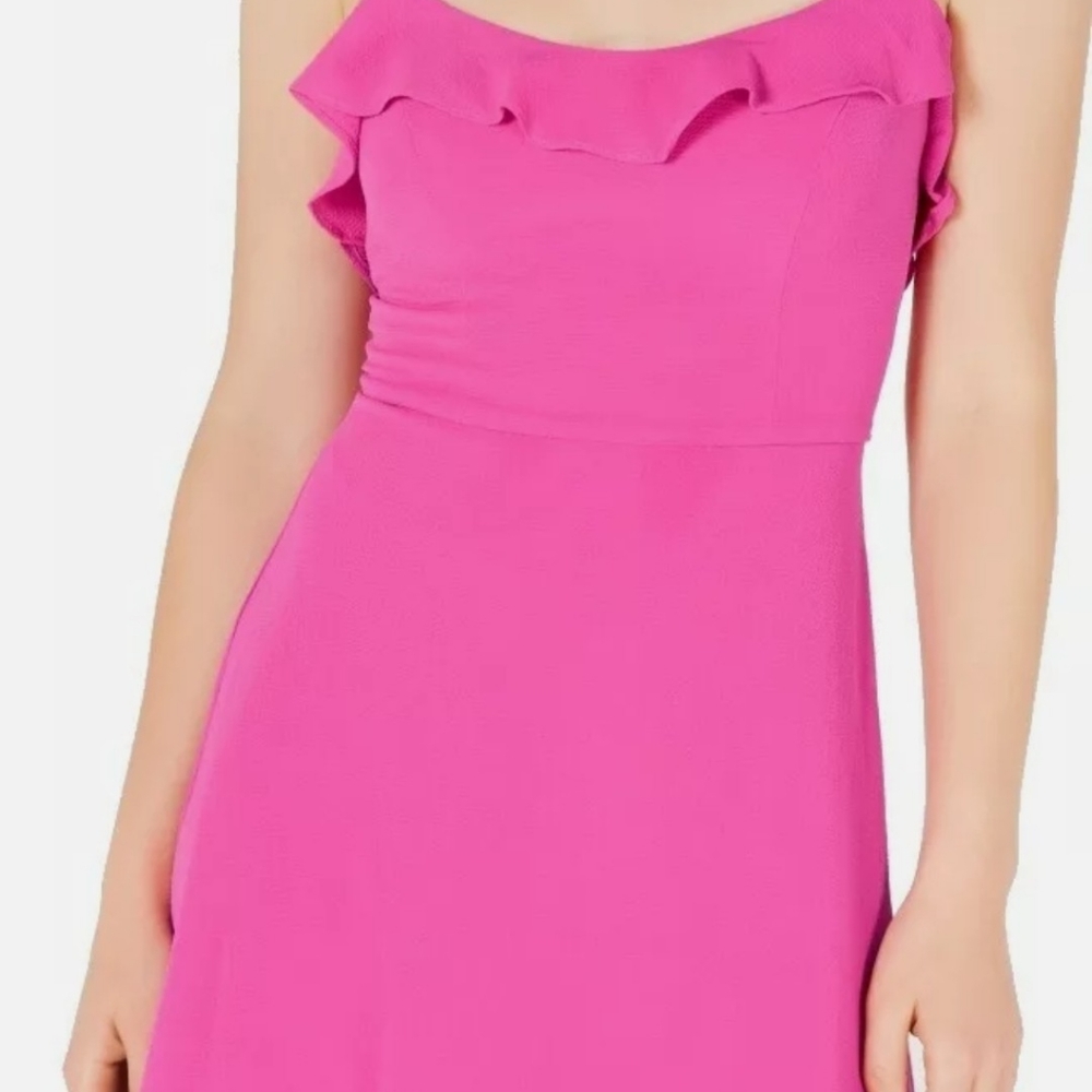 Macy's B.Darlin Dress Fuchsia Pink Crepe Ruffle Trim Strappy Back size 7/8
